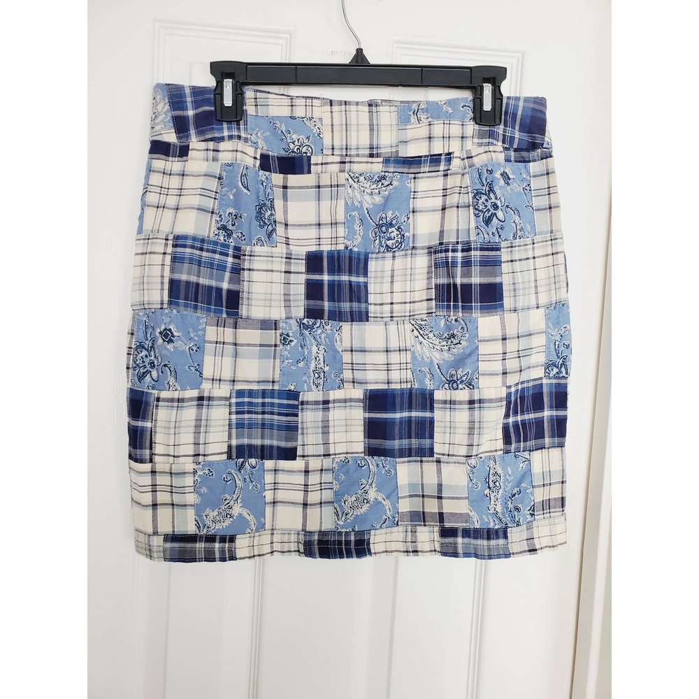 Vintage Cottagecore Patchwork Cotton Skirt Blue White Plaid Mini Americana Sz 6